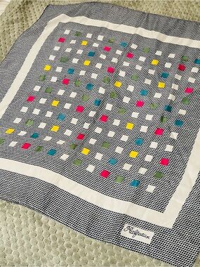 1960’s Multicolor Polka Dot Silk Scarf - Navy & Bright Accent Squares